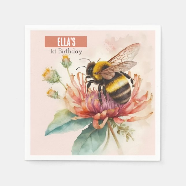 Serviette En Papier Aquarelle d'été Bumblebee Premier anniversaire (Devant)