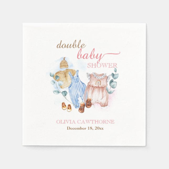 Serviette En Papier Aquarelle double Baby shower bleu rose (Devant)