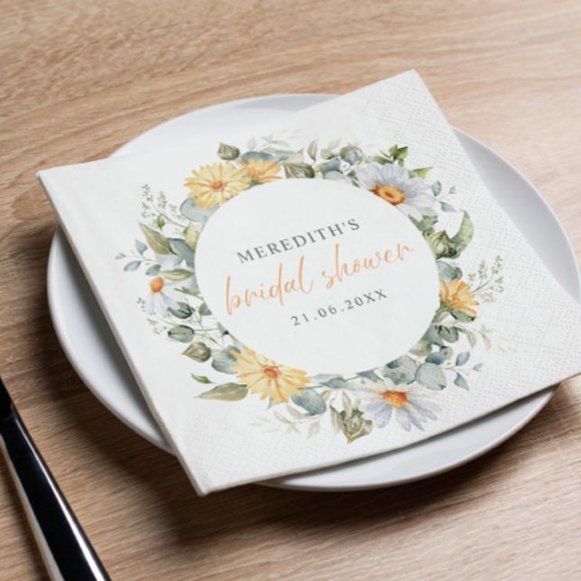 Serviette En Papier Aquarelle douce Fleur sauvage de marguerite Fête d (Bridal shower rustic floral botanical themed napkins. with Yellow flowers and dasies and greenery)