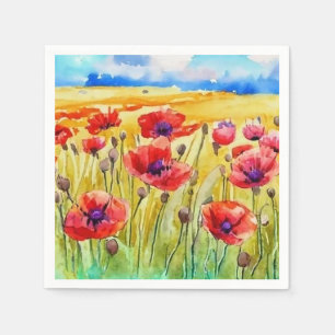 Serviette En Papier aquarelle du champ de pavot écarlate brillant