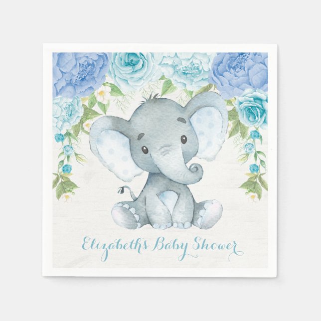 Serviette En Papier Aquarelle Eléphant Dusty Bleu Floral Jungle Baby (Devant)