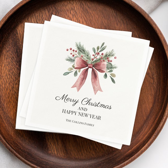 Serviette En Papier Aquarelle en ruban rouge Bow Simple Vacances Holly (Red Ribbon Bow Watercolor Simple Holly Holiday Napkins)