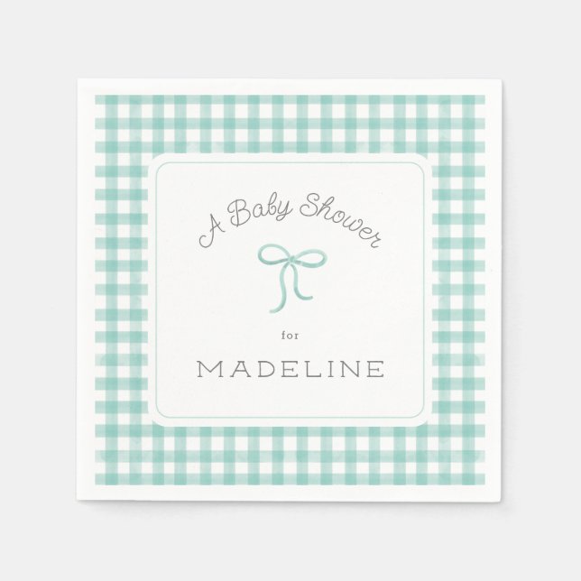 Serviette En Papier Aquarelle En vichy Baby shower vert menthe (Devant)