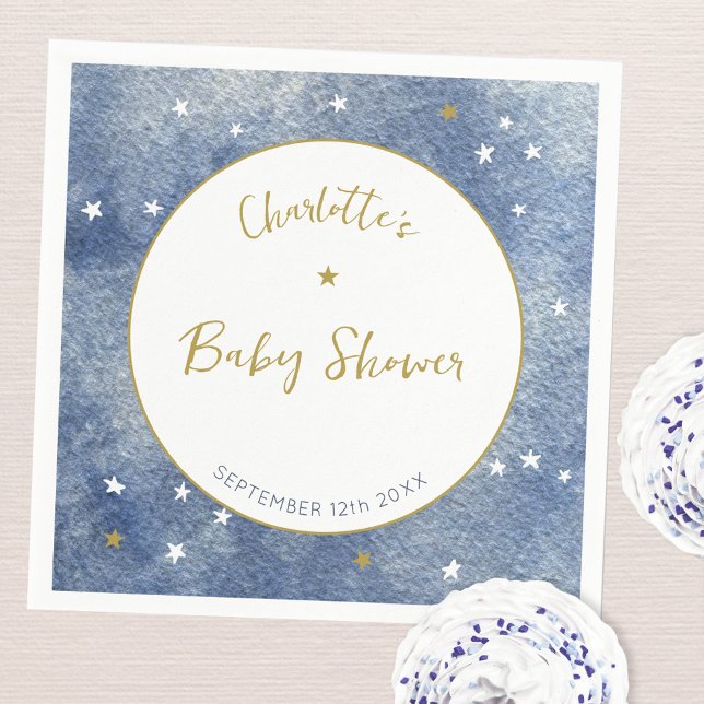 Serviette En Papier Aquarelle étoile céleste baby shower personnalisée (Watercolor star navy blue gold and white personalized baby shower party paper napkins)