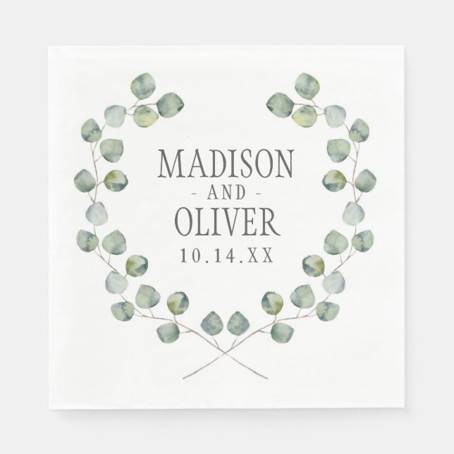 Serviette En Papier Aquarelle Eucalyptus cadre feuille | MARIAGE (Devant)