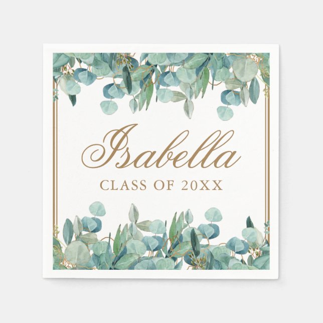 Serviette En Papier Aquarelle Eucalyptus Green Gold Graduation (Devant)