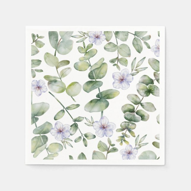 Serviette En Papier Aquarelle Eucalyptus & Motif de fleurs pourpres (Devant)