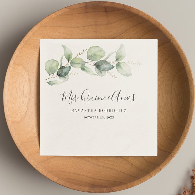 Serviette En Papier Aquarelle Eucalyptus Quinceanera 15e anniversaire (Watercolor Eucalyptus 15th Birthday Quinceanera Paper Napkins)