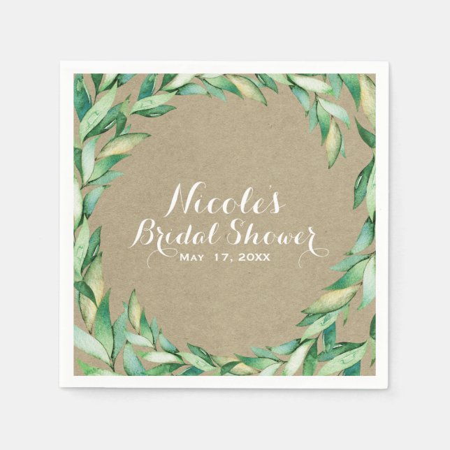 Serviette En Papier Aquarelle Feuilles Vertes Mariage Rustique Kraft (Devant)