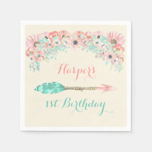 Serviette En Papier Aquarelle Flèche Plumes Fleurs Peach Mint rose