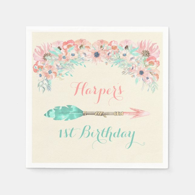 Serviette En Papier Aquarelle Flèche Plumes Fleurs Peach Mint rose (Devant)