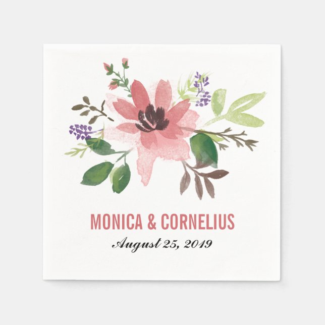 Serviette En Papier Aquarelle Fleur rose | Réception de mariage (Devant)