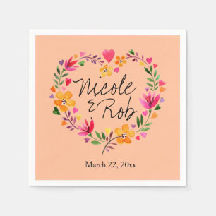 Serviette En Papier Aquarelle Fleurs Coeur Mariage de couronne   pêche
