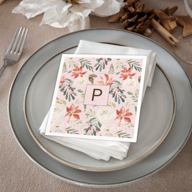 Serviette En Papier Aquarelle Fleurs d'hiver Holly Berry Monogrammé (Créateur téléchargé)
