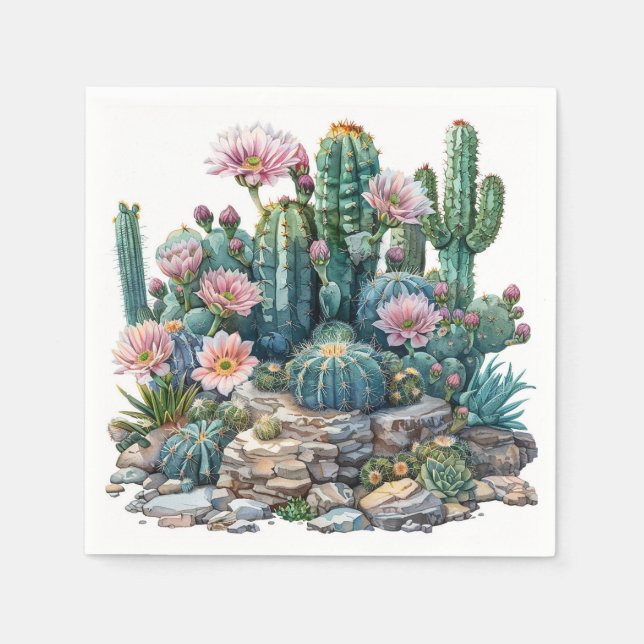 Serviette En Papier Aquarelle fleurs du désert cactus. (Devant)