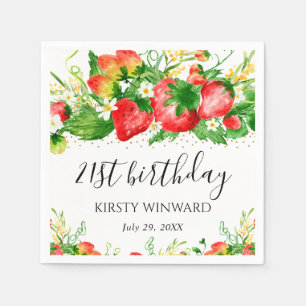Serviette En Papier Aquarelle Fleurs et Fraises Anniversaire