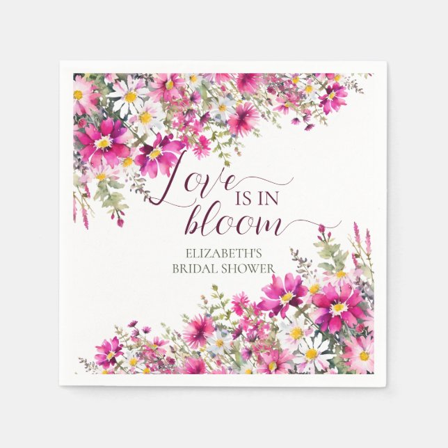 Serviette En Papier Aquarelle Fleurs rose vif L'amour est en fleur (Devant)