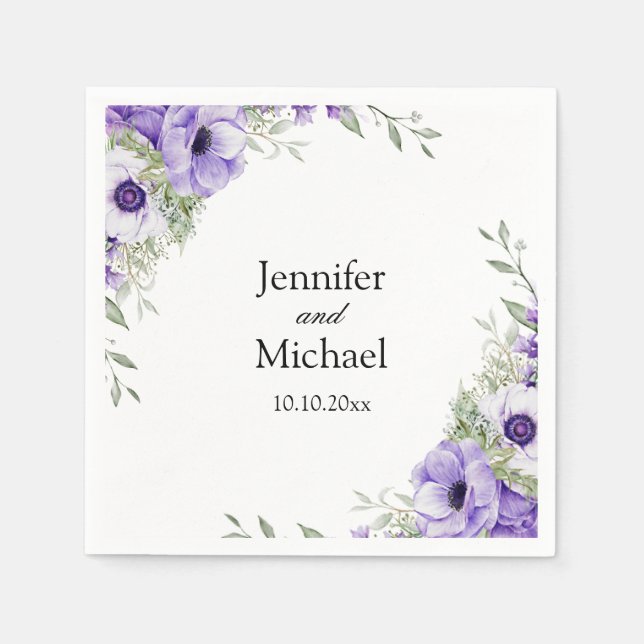 Serviette En Papier aquarelle fleurs violet élégant mariage moderne (Devant)