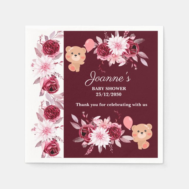 Serviette En Papier Aquarelle Floral Blush Baby shower Bourgogne rose (Devant)