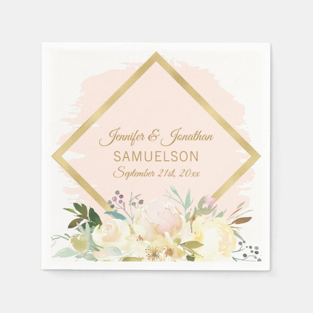 Serviette En Papier Aquarelle Floral Blush Mariage Gold (Devant)