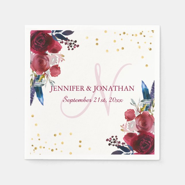 Serviette En Papier Aquarelle Floral Bourgogne Vin Mariage Wreath (Devant)