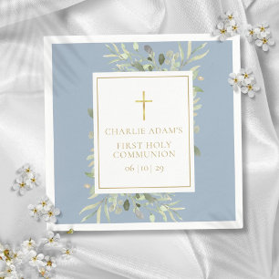 Serviette En Papier Aquarelle Floral Dusty Bleu Première Sainte Commun