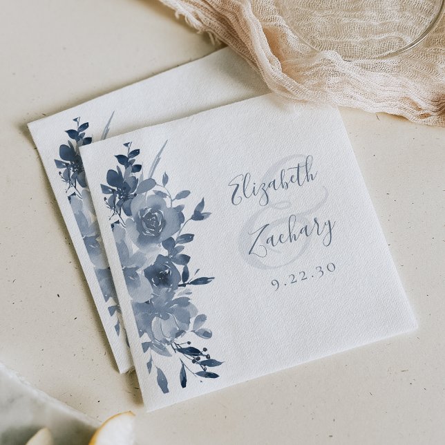 Serviette En Papier Aquarelle Floral Dusty Mariage bleu (Créateur téléchargé)