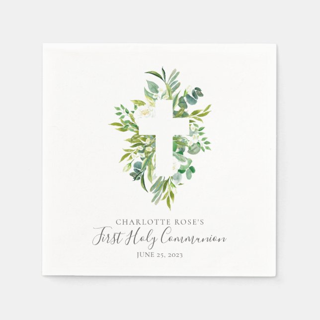 Serviette En Papier Aquarelle Floral Greens Cross Holy Communion (Devant)