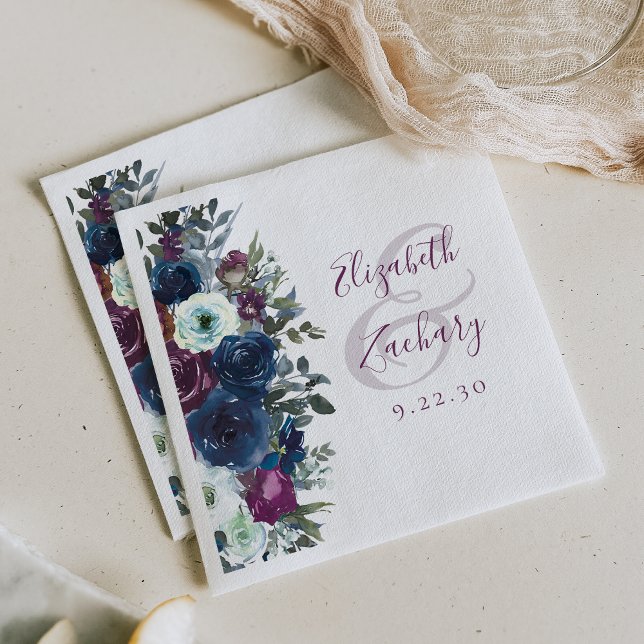 Serviette En Papier Aquarelle Floral Plum Marine Mariage bleu (Créateur téléchargé)