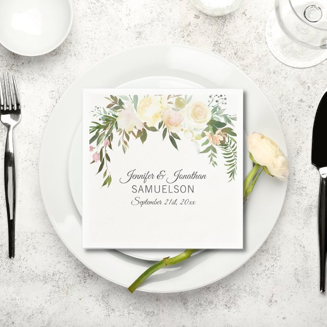 Serviette En Papier Aquarelle Floral rose Beige Ivor Mariage (Créateur téléchargé)