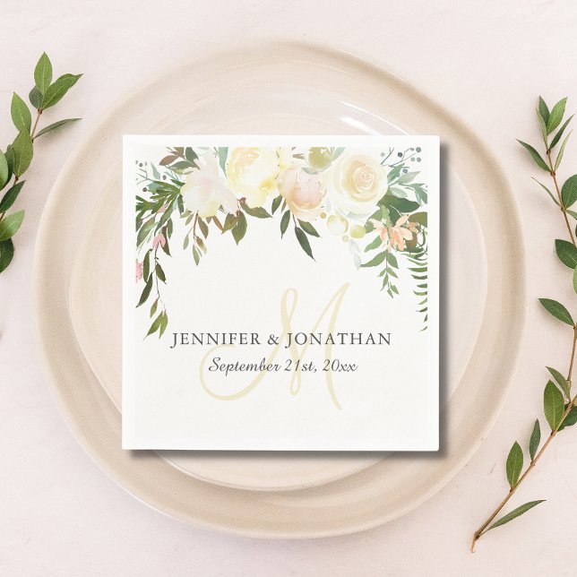 Serviette En Papier Aquarelle Floral rose Beige Ivor Mariage (Créateur téléchargé)