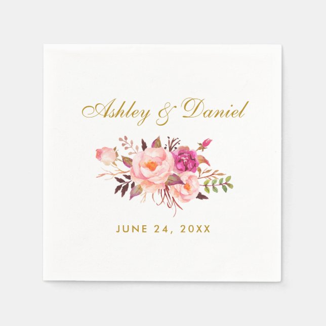 Serviette En Papier Aquarelle Floral Rose Blush Mariage or (Devant)