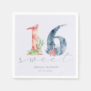 Serviette En Papier Aquarelle floral script argent sweet sixteen