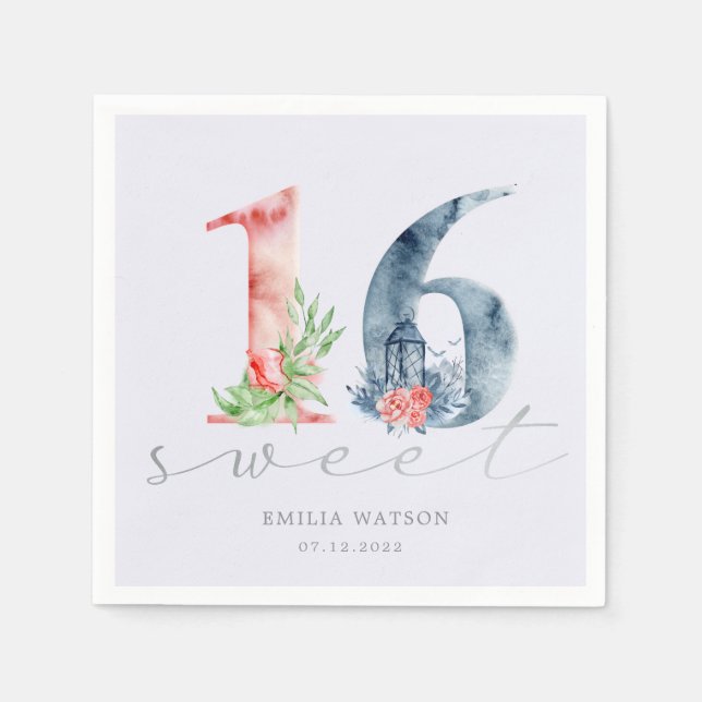 Serviette En Papier Aquarelle floral script argent sweet sixteen (Devant)