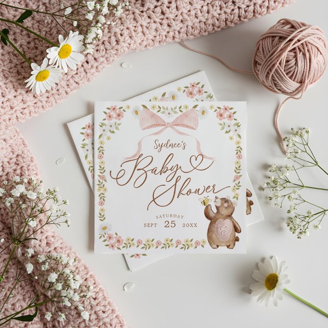 Serviette En Papier Aquarelle Floral Woodland Knished Bear Baby Girl (Watercolor Floral Woodland Knitted Bear Baby Girl Napkins)