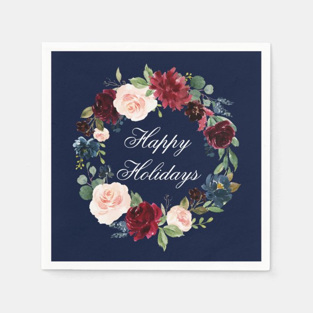 Serviette En Papier Aquarelle Floral Wreath Joyeux Vacances Bleu (Devant)