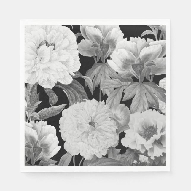Serviette En Papier Aquarelle florale Black & White Peonies (Devant)
