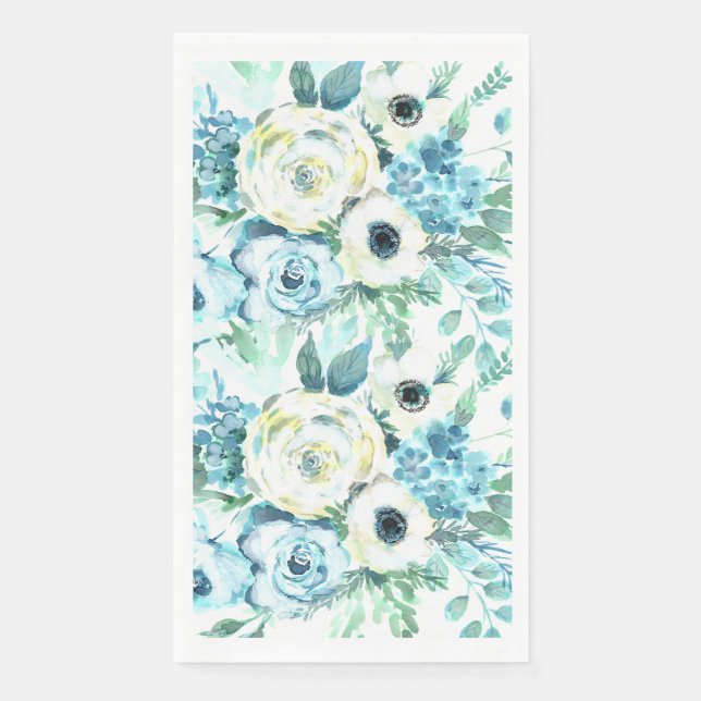 Serviette En Papier Aquarelle Florale Bleu Blanc Élégant Serviettes d' (Devant)