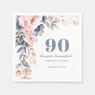Serviette En Papier Aquarelle florale Dusty bleu rose 90e anniversaire