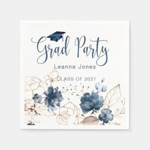 Serviette En Papier Aquarelle florale marine bleu & or, Graduation