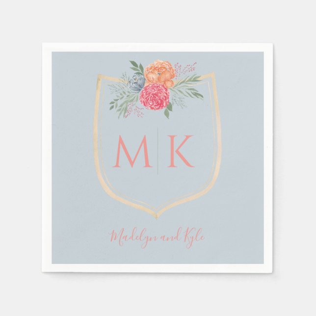 Serviette En Papier Aquarelle Florale Monogram Crest Fête des mariées (Devant)