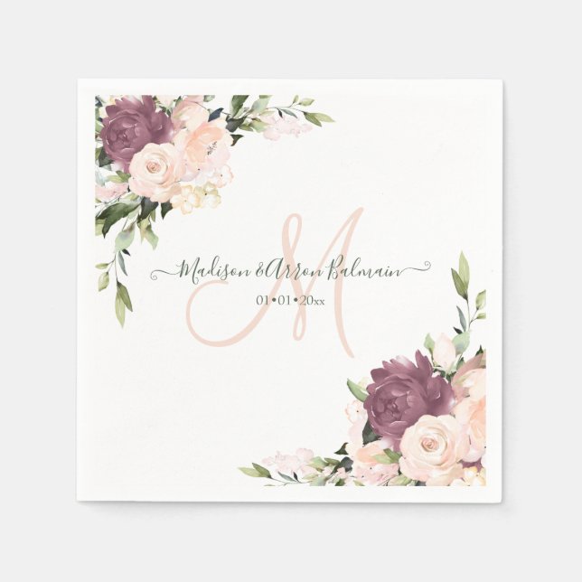 Serviette En Papier Aquarelle florale monogramme Rose poussiéreux (Devant)