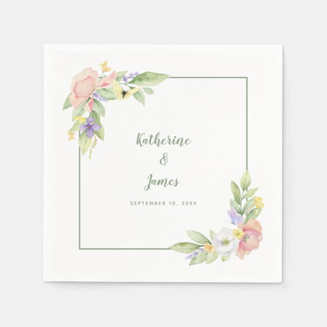 Serviette En Papier Aquarelle Florale Papillons Mariage et Fiançailles (Devant)
