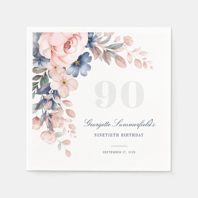 Serviette En Papier Aquarelle florale rose pâle 90e anniversaire (Devant)