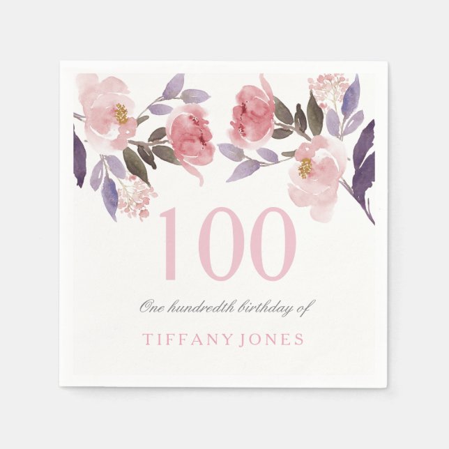 Serviette En Papier Aquarelle florale rose Peach 100e anniversaire (Devant)