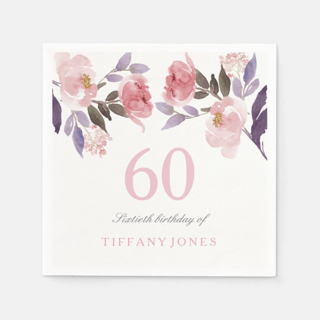 Serviette En Papier Aquarelle florale rose Peach 60e anniversaire (Devant)