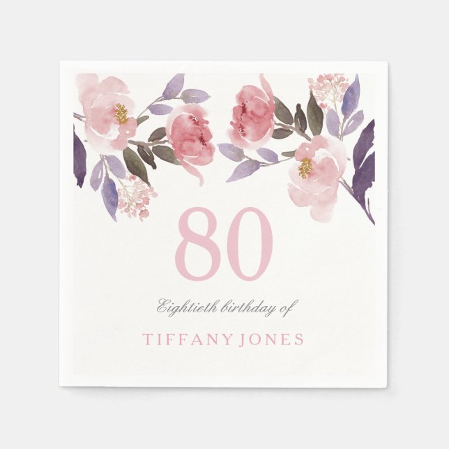 Serviette En Papier Aquarelle florale rose Peach 80e anniversaire (Devant)
