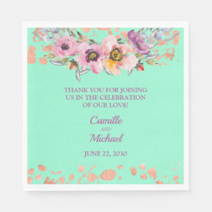 Serviette En Papier Aquarelle Florale sur Vert Néon avec Or Rose