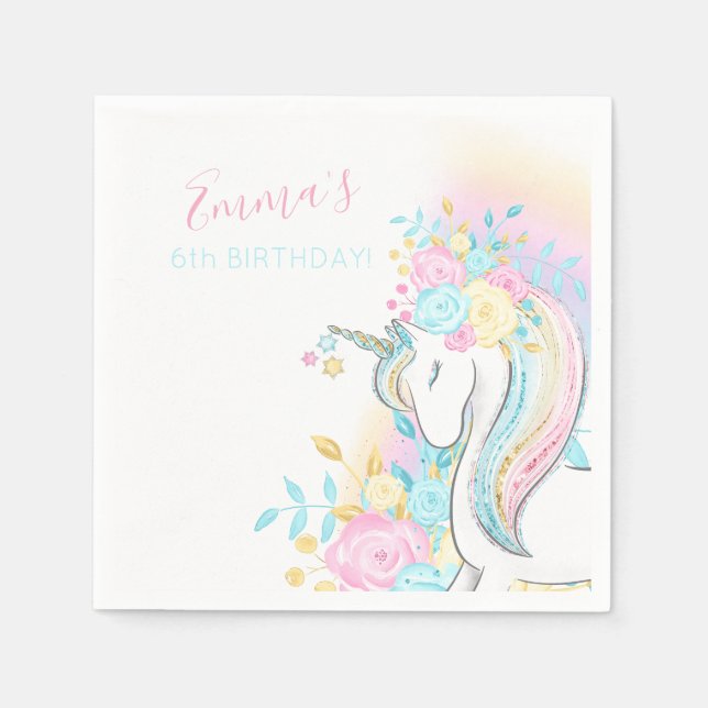 Serviette En Papier Aquarelle florale Unicorn Fille Anniversaire (Devant)