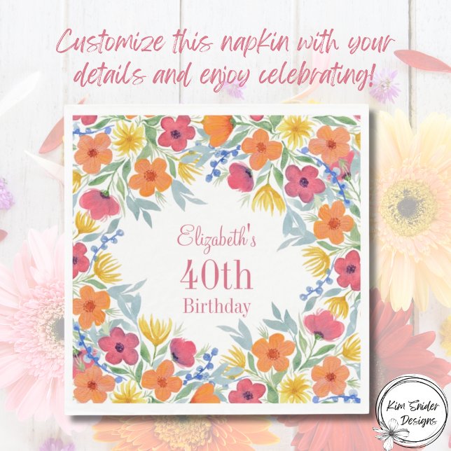 Serviette En Papier Aquarelle Florals 40e anniversaire (Créateur téléchargé)